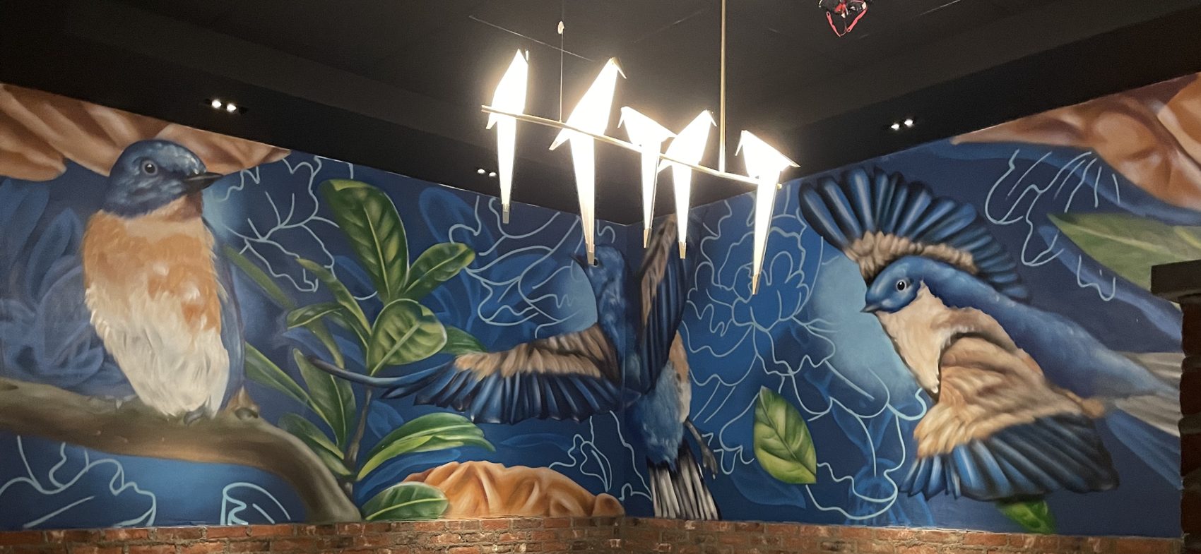 Bluebird mural, restaurant interior