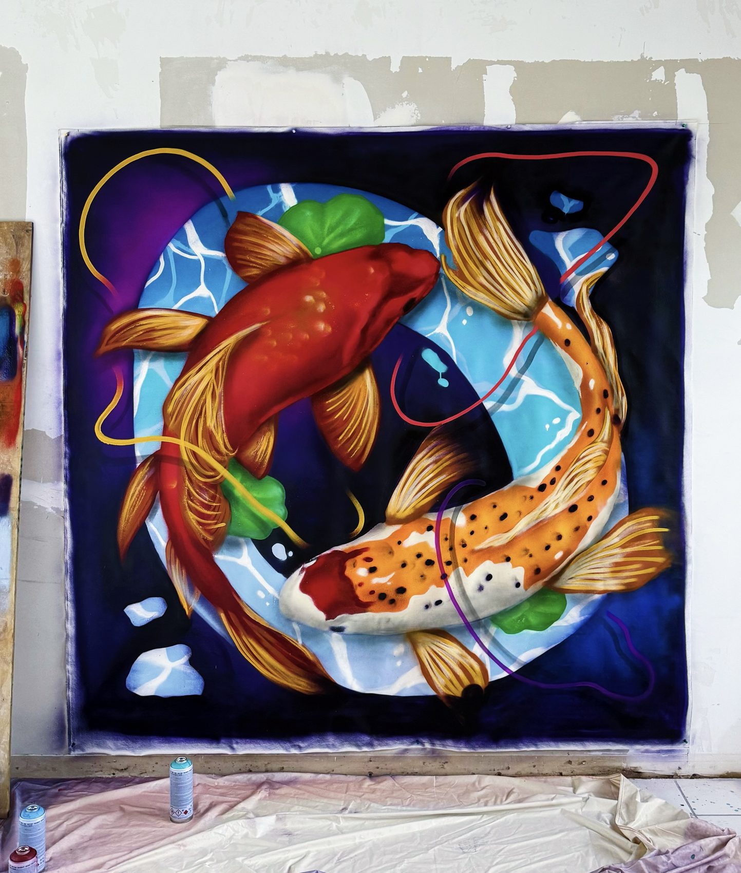 Koi fish interior mural painted by Miami mural artist DREPS