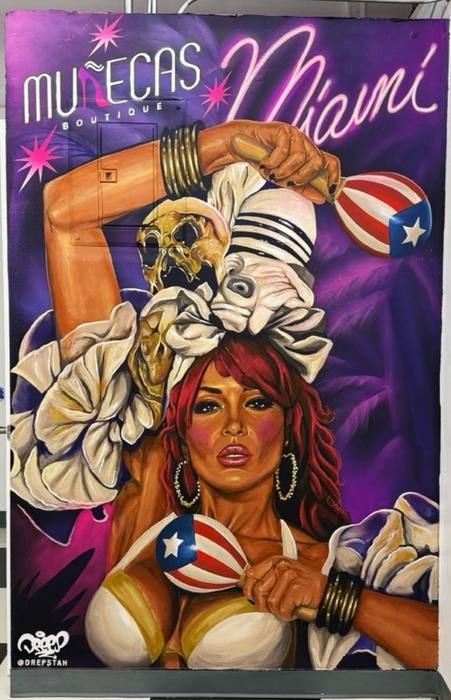 Custom mural art for Munecas Boutique by Miami mural artist DREPS