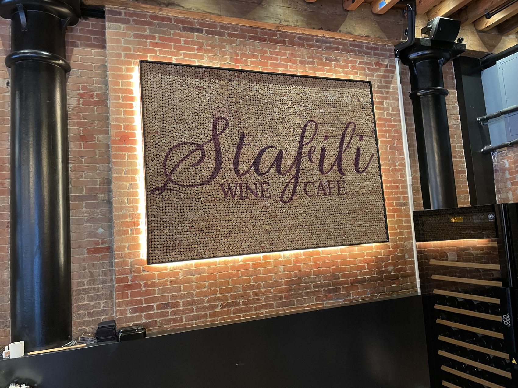 Wine cork mosaic sign, Stafili Wine Cafe