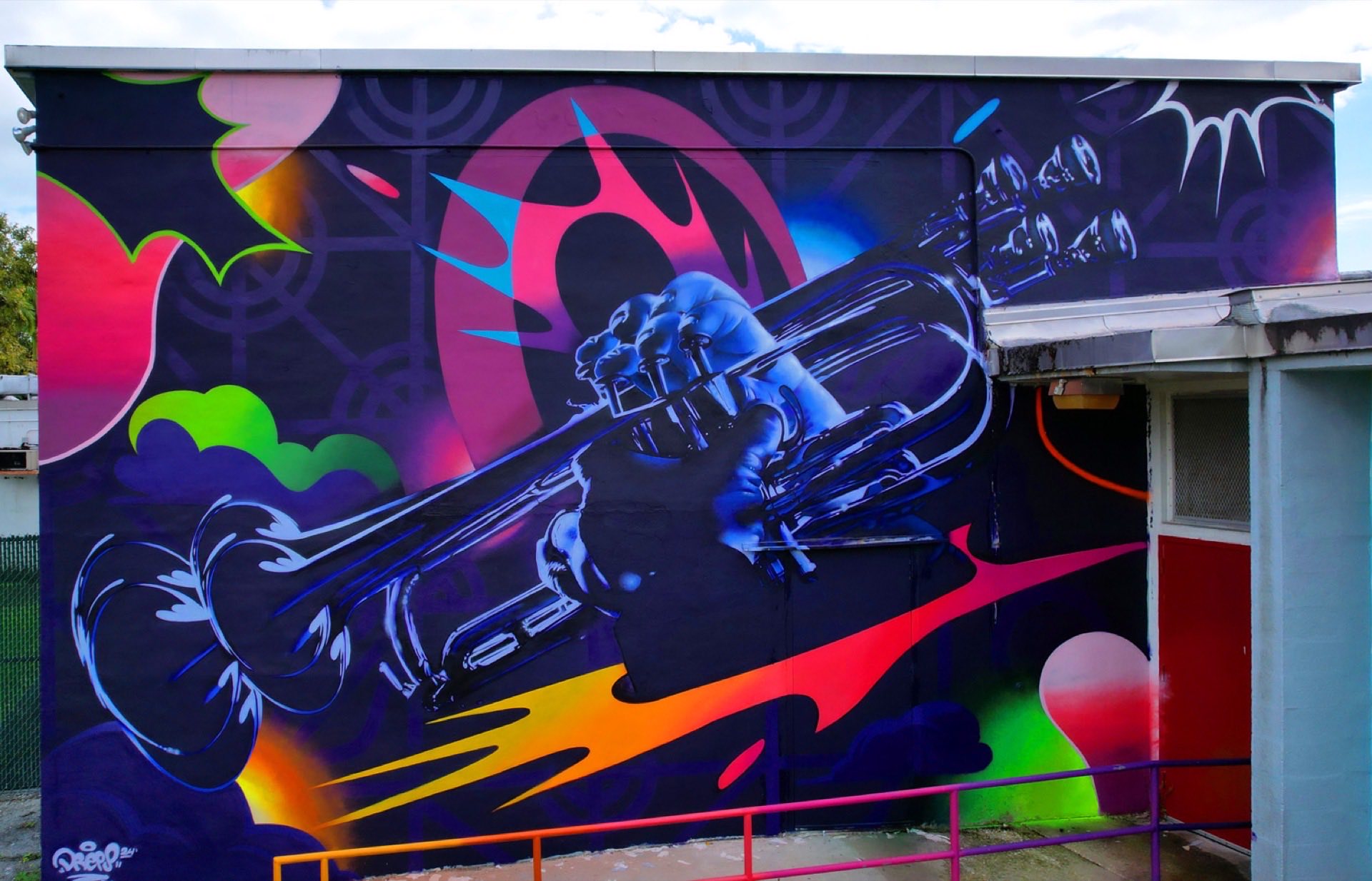 Trumpet mural, music venue